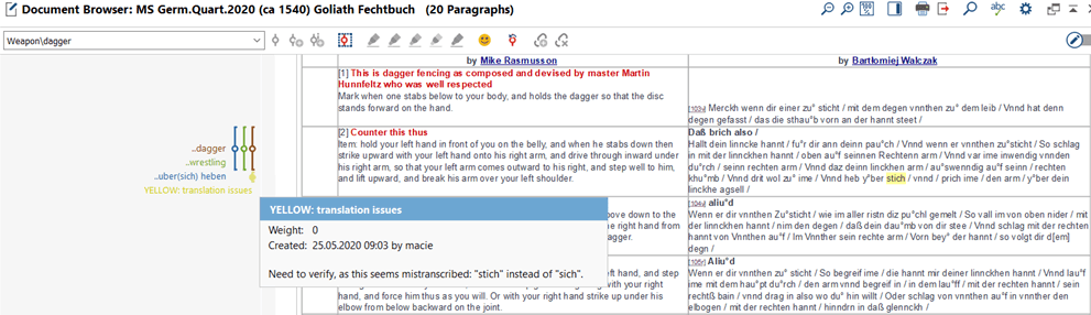 Corpus-based linguistic research: Screenshot from MAXQDA2020 showing how the Colour Highlight function helps visually locate interesting data within a complicated table (here by making it stand out due to yellow colouring).
