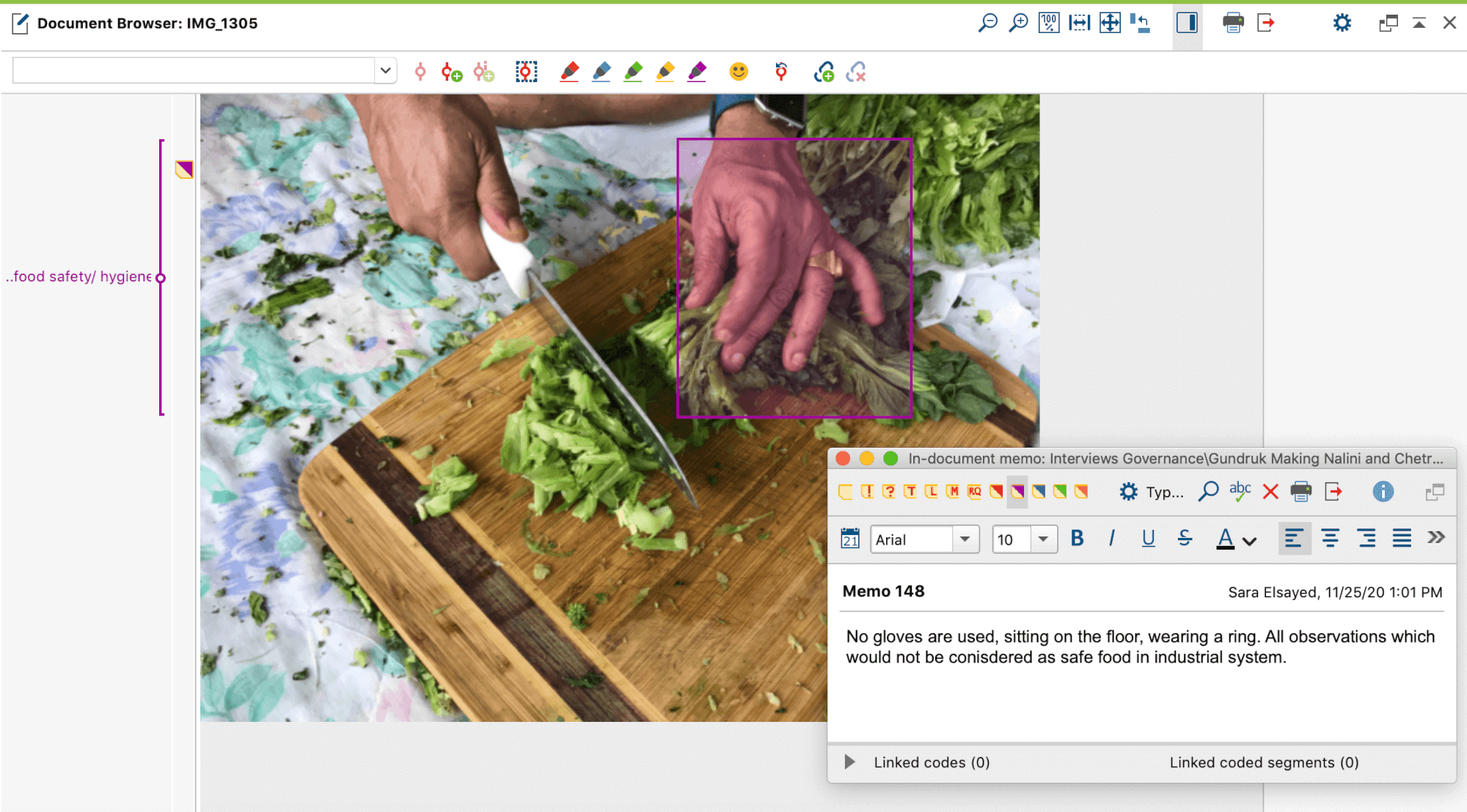 Figure 1: Screenshot from MAXQDA2020 showing the coding of an image of a person chopping herbs with a knife.