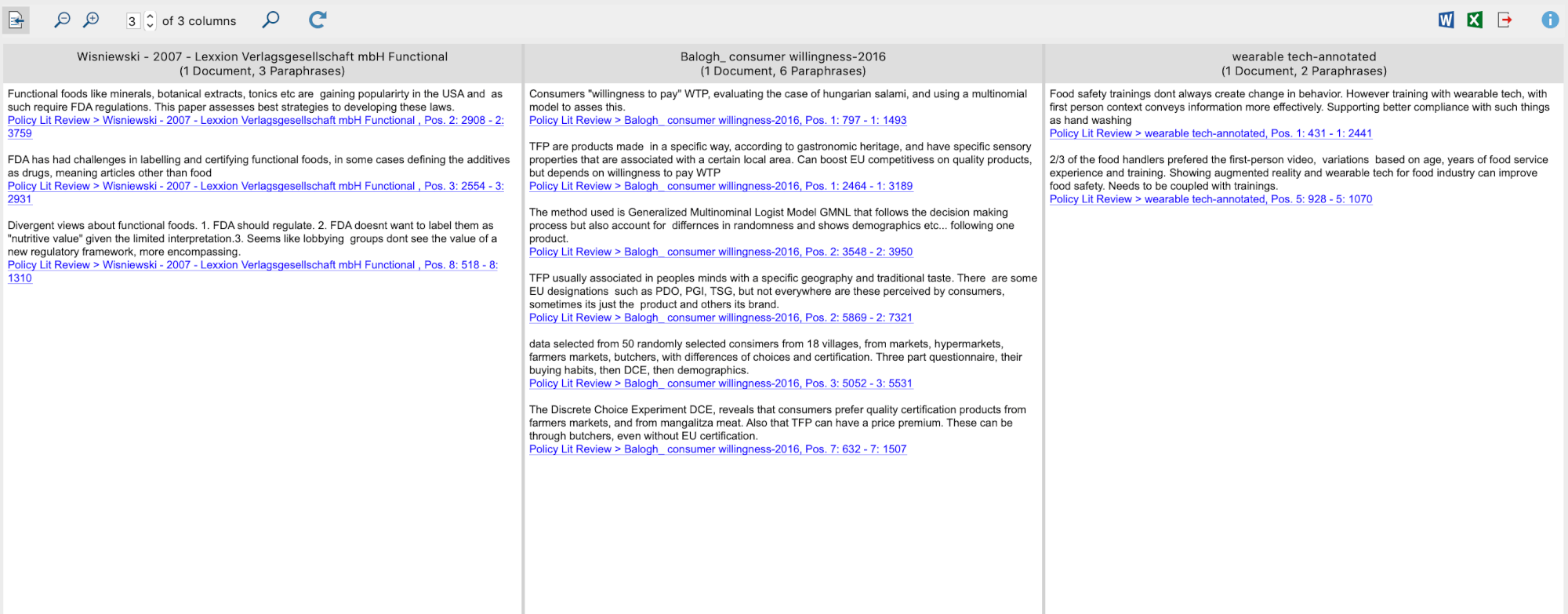 Figure 2: Screenshot from MAXQDA2020 showing the paraphrasing tool, displaying paraphrased sections side by side. Figure 2: Screenshot from MAXQDA2020 showing the paraphrasing tool, displaying paraphrased sections side by side.