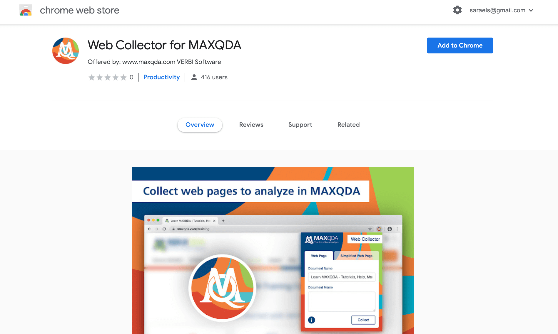 Screenshot from the Google Chrome Web Store showing the Web Collector for MAXQDA extension. Screenshot from the Google Chrome Web Store showing the Web Collector for MAXQDA extension.