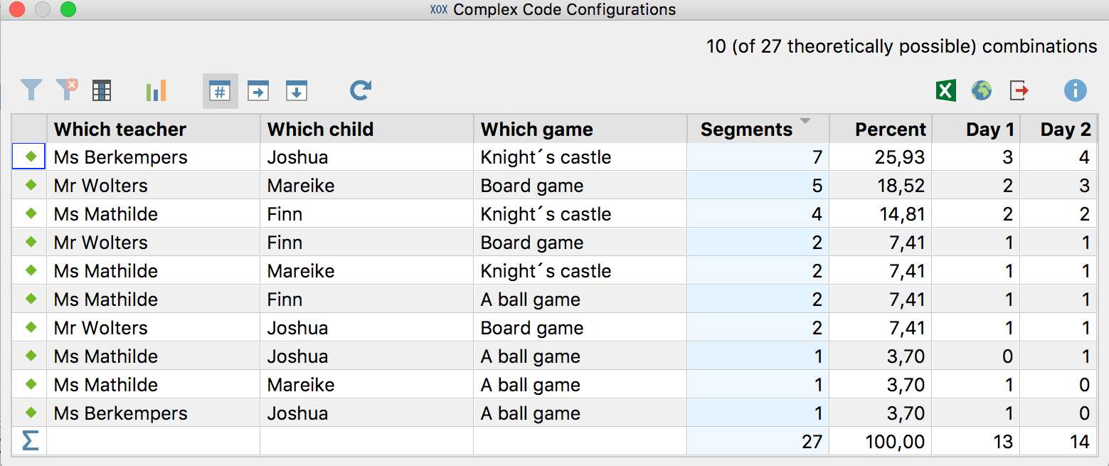 Complex code configuration: Results table when choosing segments as your unit