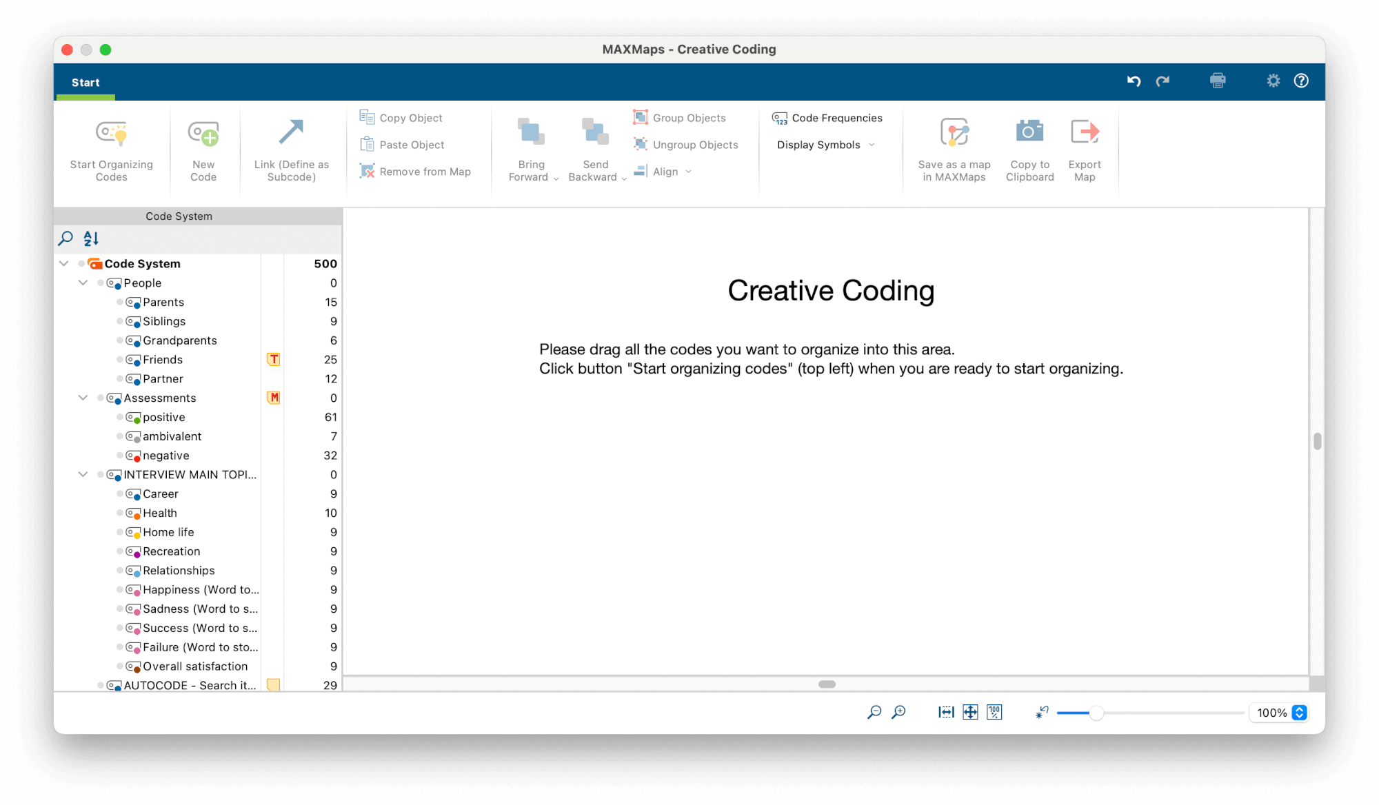 Screenshot from MAXQDA2020 showing the Creative Coding window.