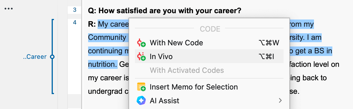 Grounded theory: Context menu with coding functions for a selected segment.