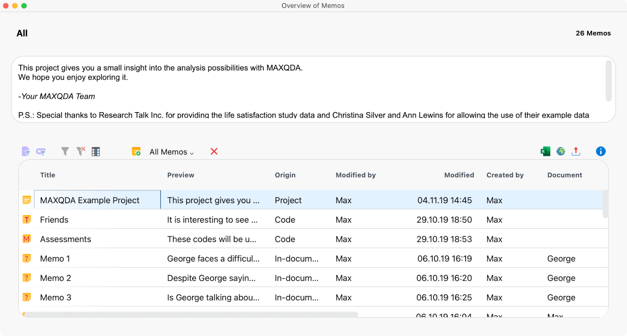 MAXQDA's Overview of Memos Dialogue Window.