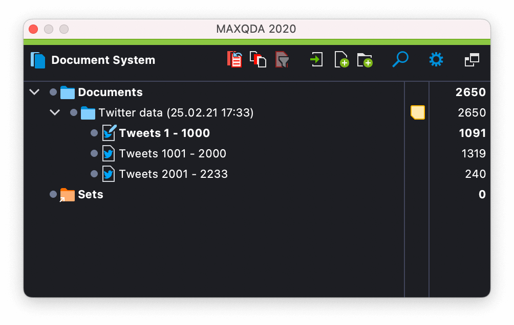 Screenshot from MAXQDA2020 showing imported Twitter data in the Document System.