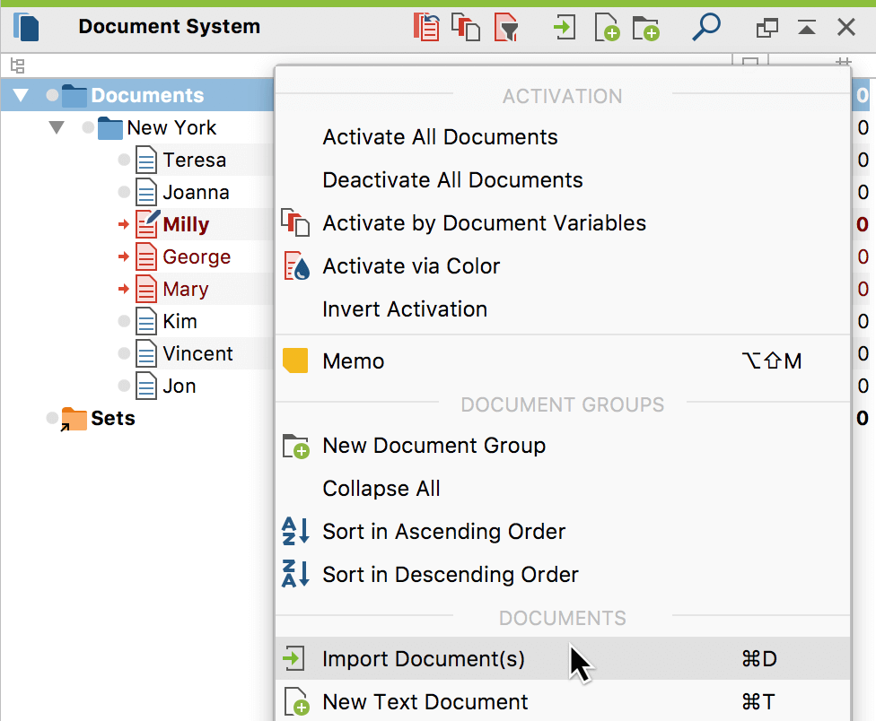 Import documents through the context menu in the document group Import documents through the context menu in the document group