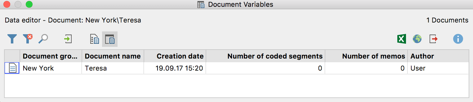 Overview of Variables for a newly imported document “Overview of variables” for a newly imported document