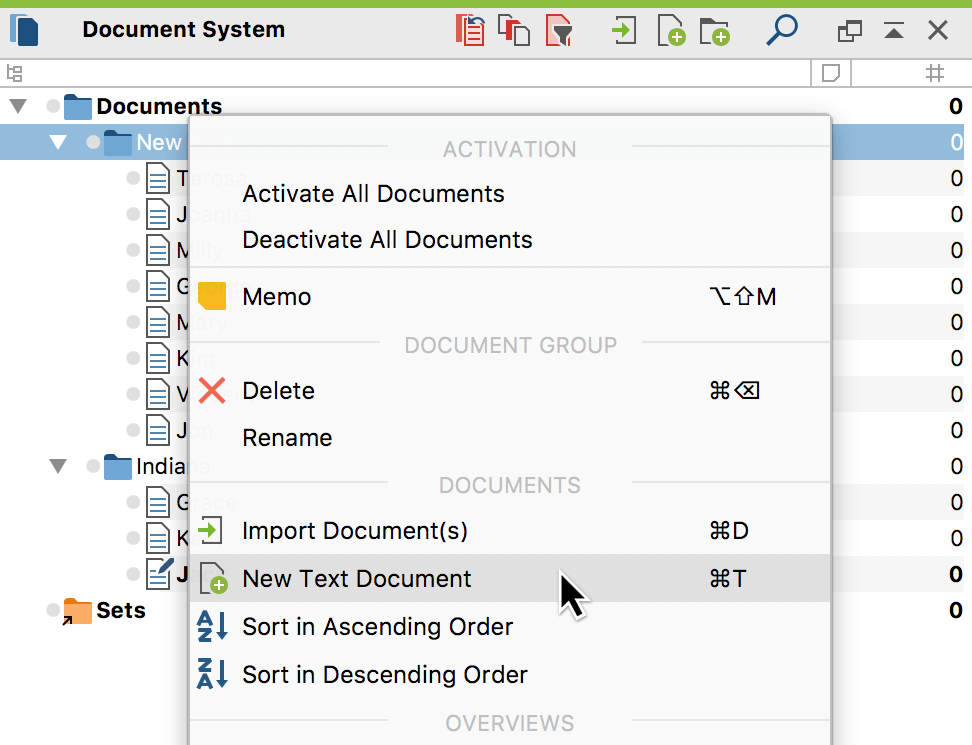 Creating a new document via the context menu of a document group Creating a new document via the context menu of a document group