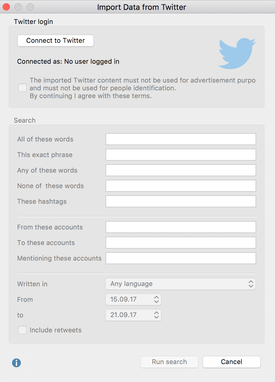 Dialog window for importing data from Twitter Dialog window for importing data from Twitter