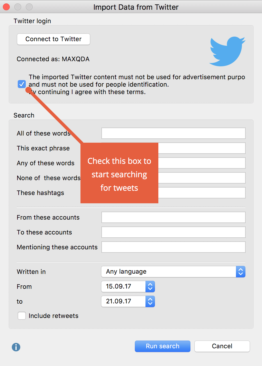 Search window for importing Twitter data Search window for importing Twitter data