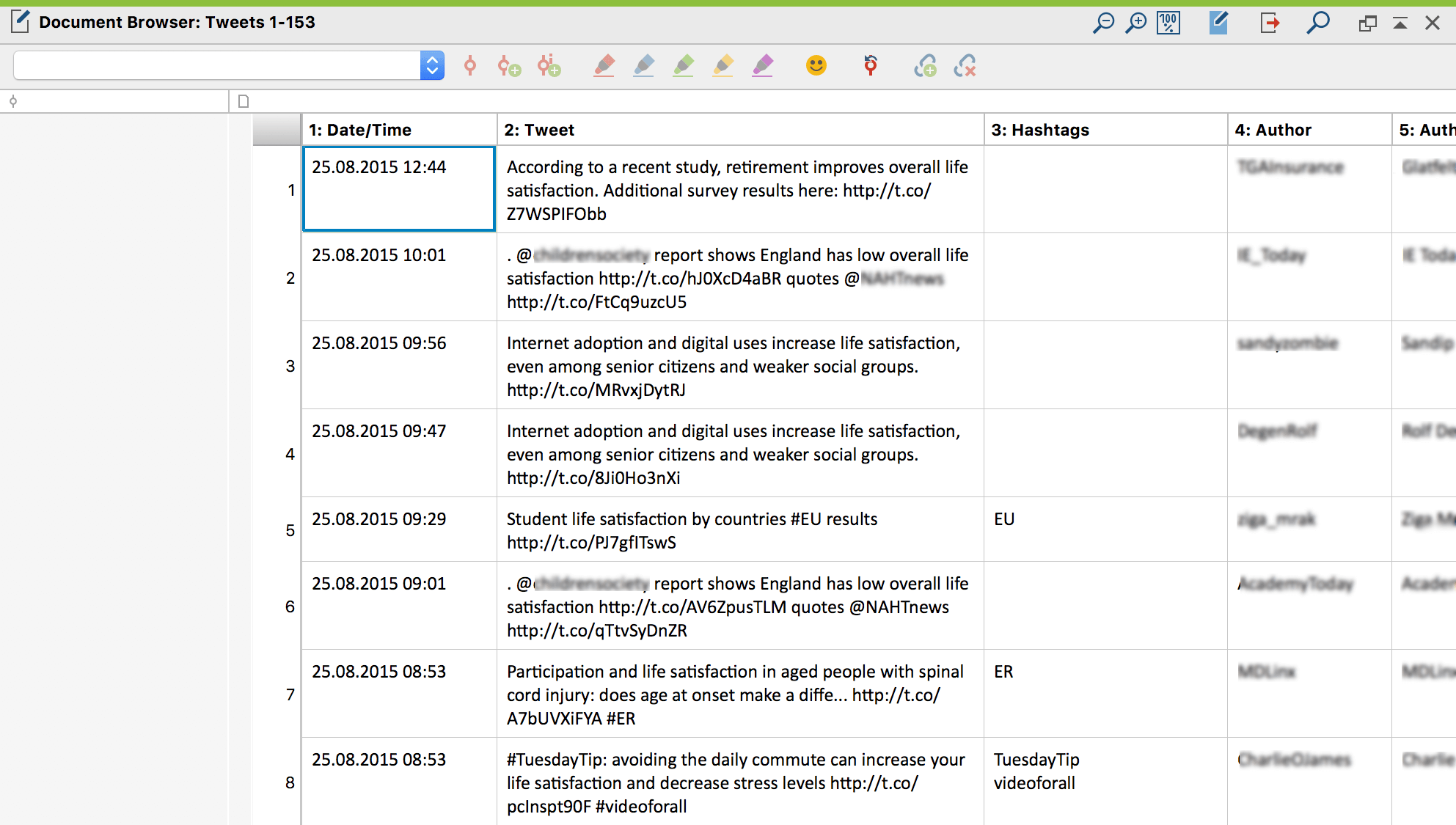 Table document with Twitter data in the Document Browser Table document with Twitter data in the Document Browser