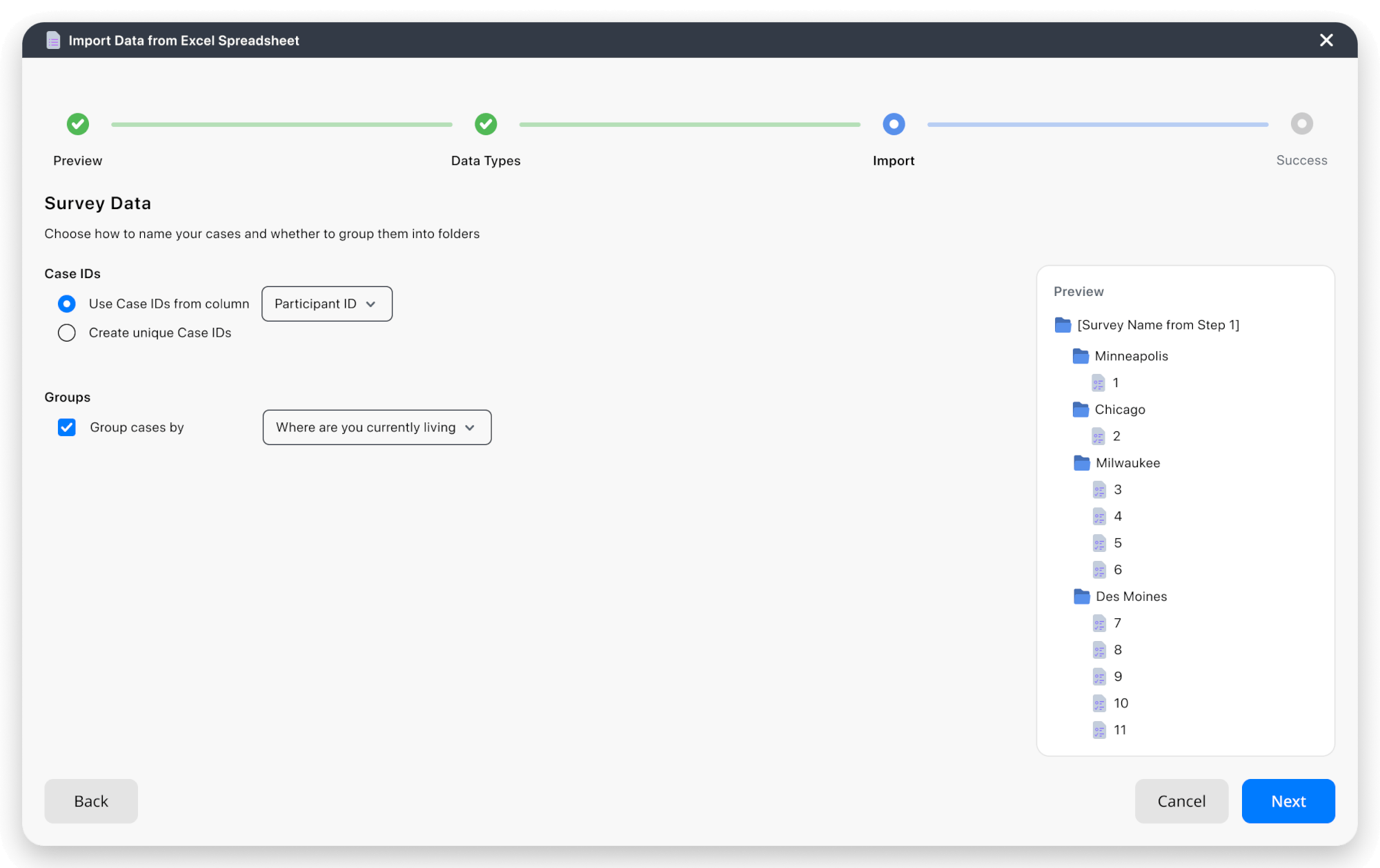 Survey import:Smarter case IDs and grouping in the Import phase. Screenshot comparing two MAXQDA search bars side by side, showing different available icons and options depending on the search context.