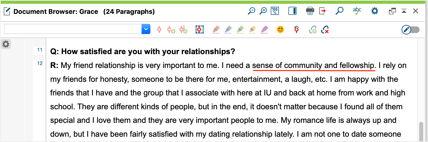 Screenshot from the MAXQDA Document Browser showing the term “sense of community and fellowship” Screenshot from the MAXQDA Document Browser showing the term “sense of community and fellowship”