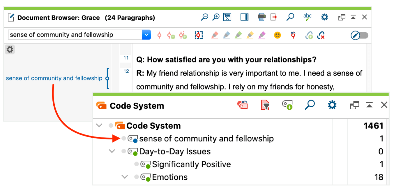 Screenshot showing the new code “sense of community and fellowship” in the code system