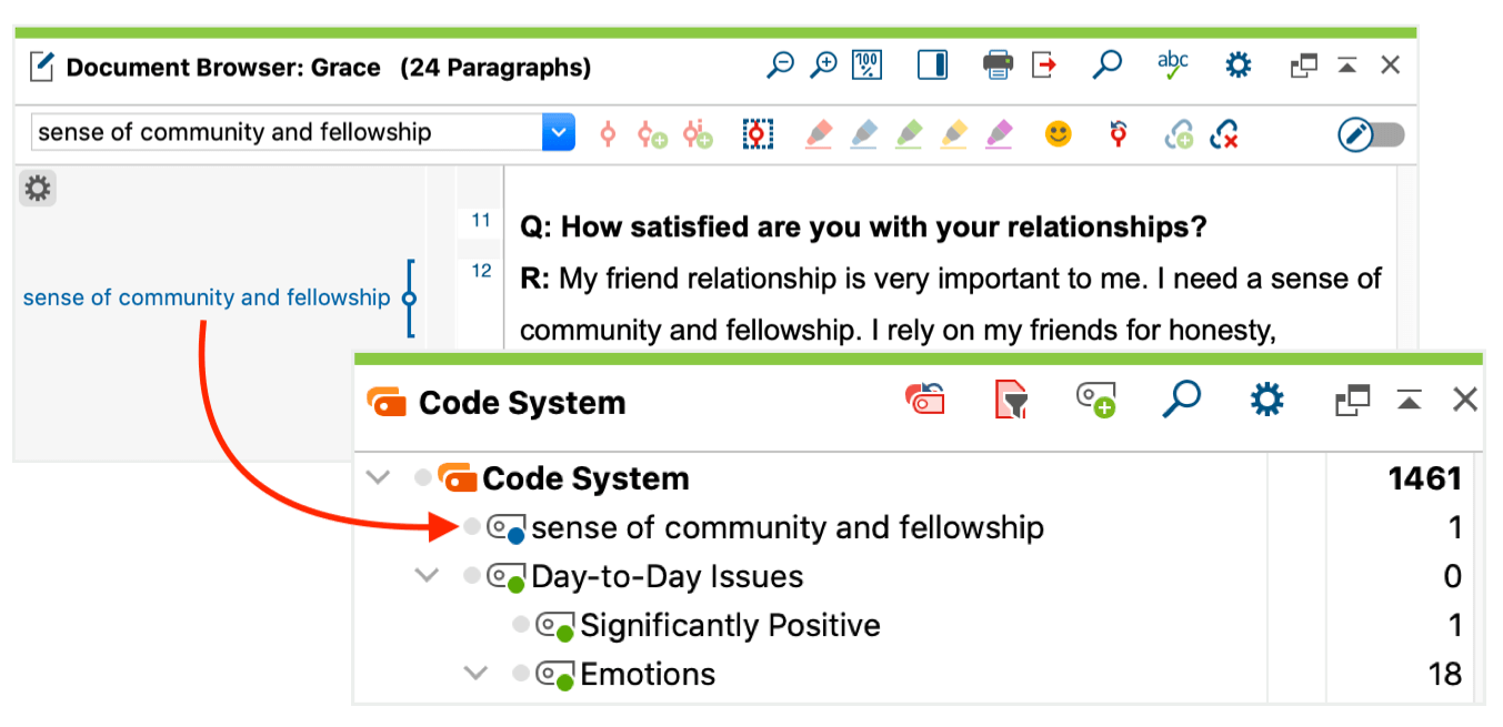 Screenshot showing the new code “sense of community and fellowship” in the code system Screenshot showing the new code “sense of community and fellowship” in the code system