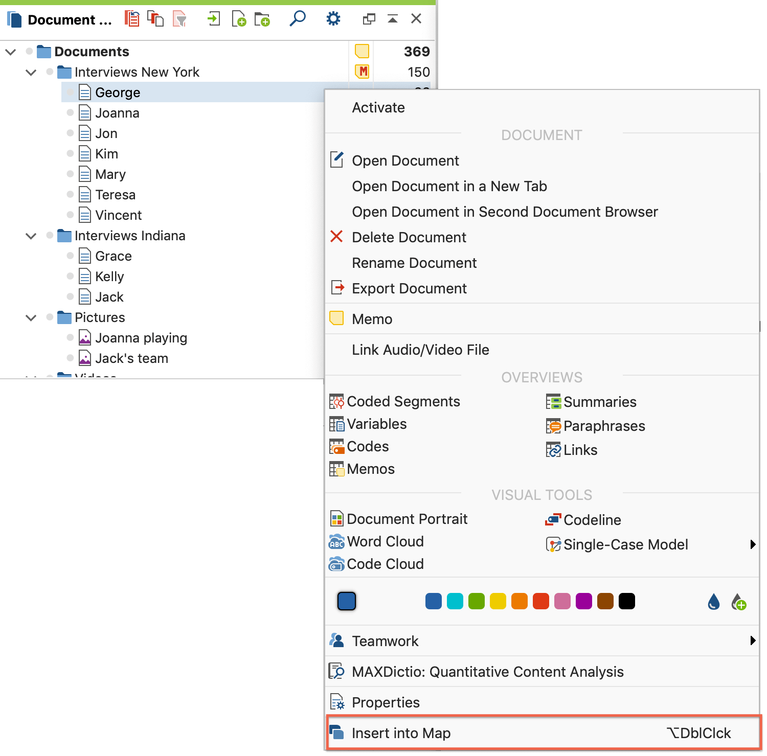 Inserting an element via the context menu Inserting an element via the context menu