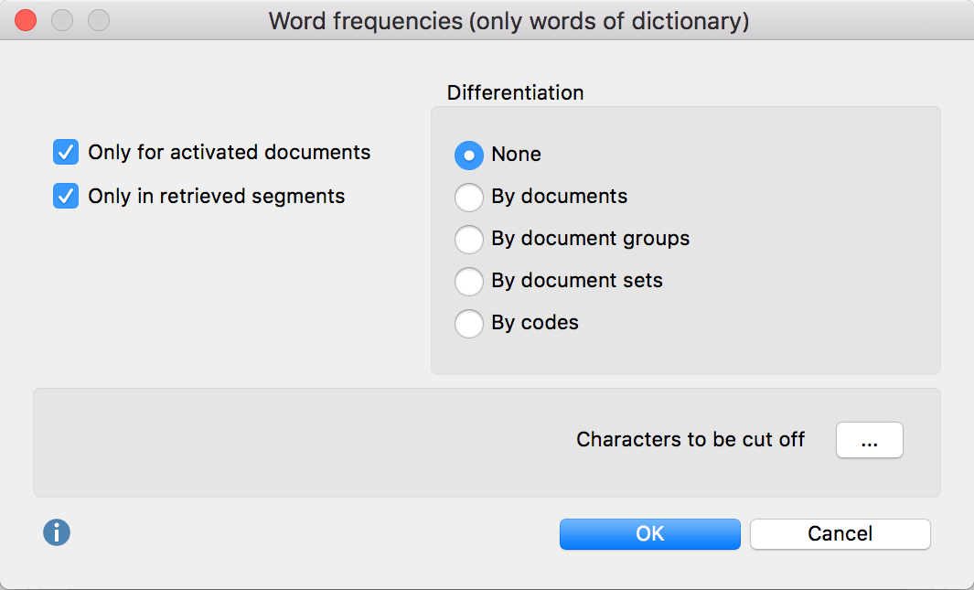Option dialog “Word frequencies – Count only dictionary words” Option dialog “Word frequencies – Count only dictionary words”