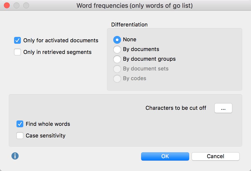 Options dialog for Word frequencies (only words of go list) function Options dialog for Word frequencies (only words of go list) function