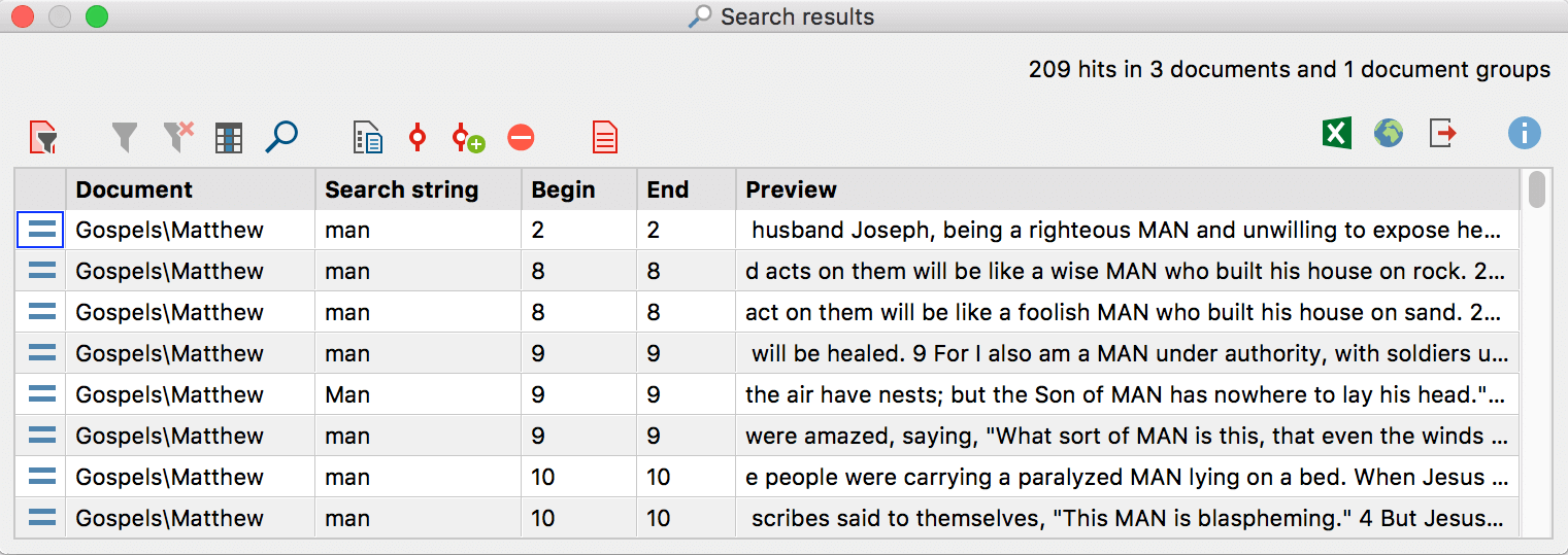 The “Search results” window for the word “man” The “Search results” window for the word “man”