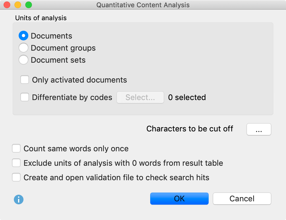 Options dialog for the “Quantitative Content Anaylsis” function Options dialog for the “Quantitative Content Anaylsis” function