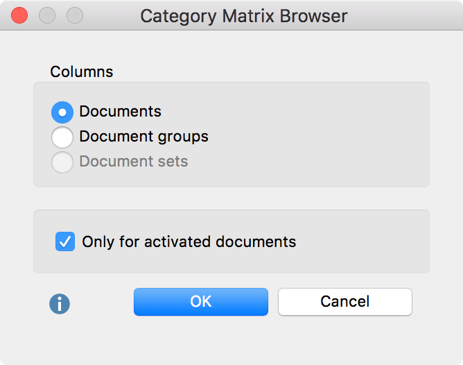 Setting options for the Category Matrix Browser Setting options for the Category Matrix Browser