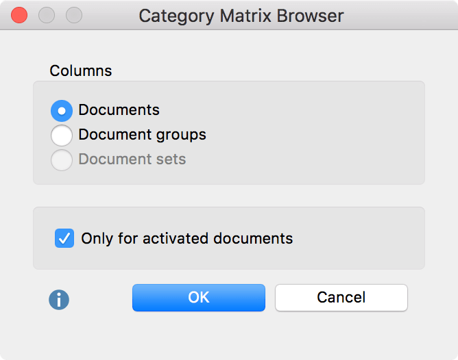 Setting options for the Category Matrix Browser