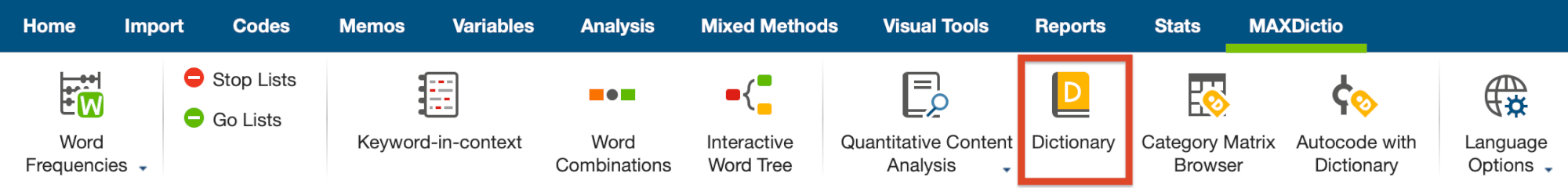 Call up 'Dictionary' in the tab 'MAXDictio' Window for managing dictionaries