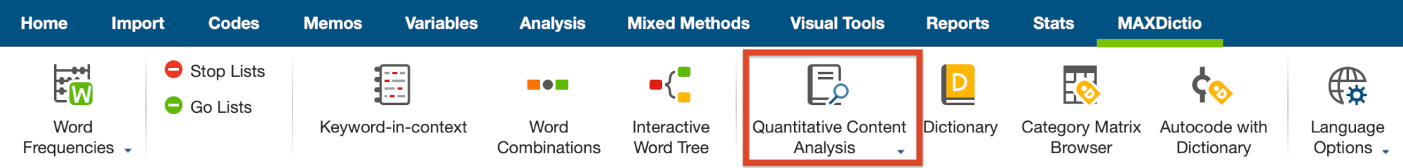 Start “Quantitative Content Anaylsis” in the tab “MAXDictio”. Start “Quantitative Content Anaylsis” in the tab “MAXDictio”.