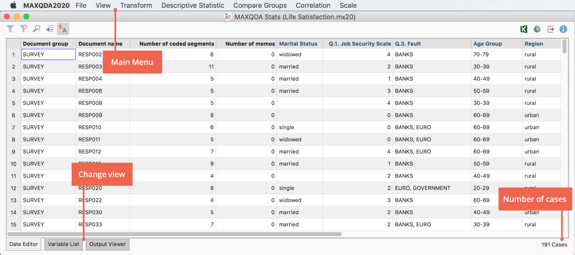 The MAXQDA Stats interface The MAXQDA Stats interface