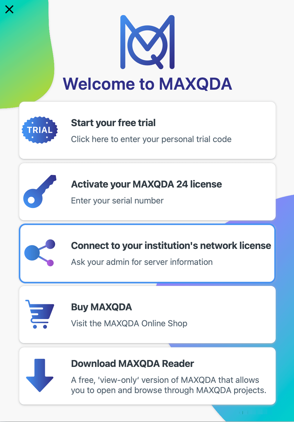 Connect to a server to activate MAXQDA MAXQDA's activation dialog with server connection highlighted
