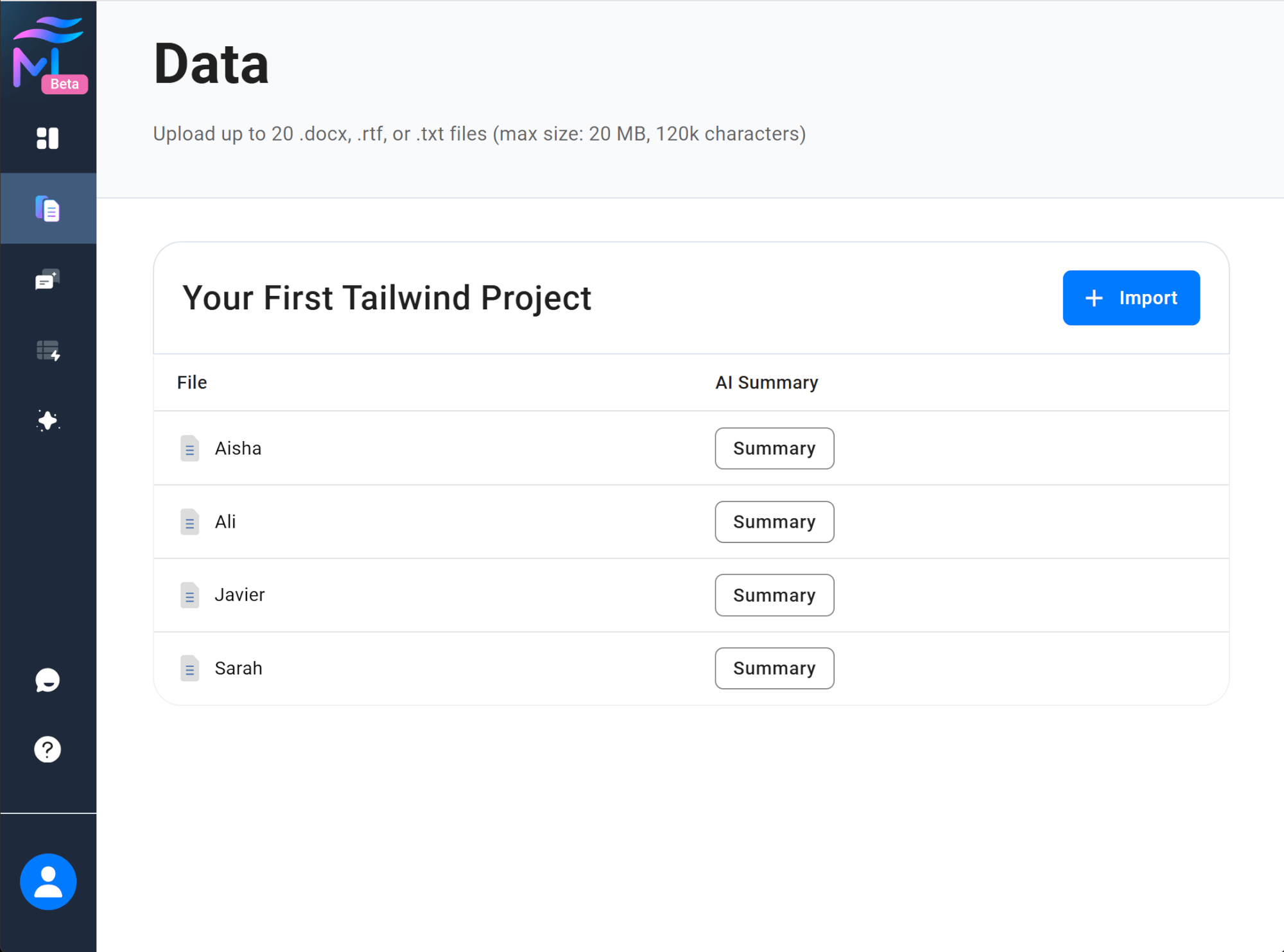 MAXQDA Tailwind: The Data Dashboard with imported files Screenshot of MAXQDA Tailwind's Data Dashboard with example uploaded files