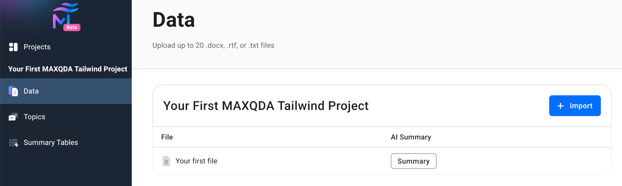 MAXQDA Tailwind: Sidebar Navigation with Open Project Screenshot showing MAXQDA Tailwind's sidebar navigation with multiple menu items visible after opening a project