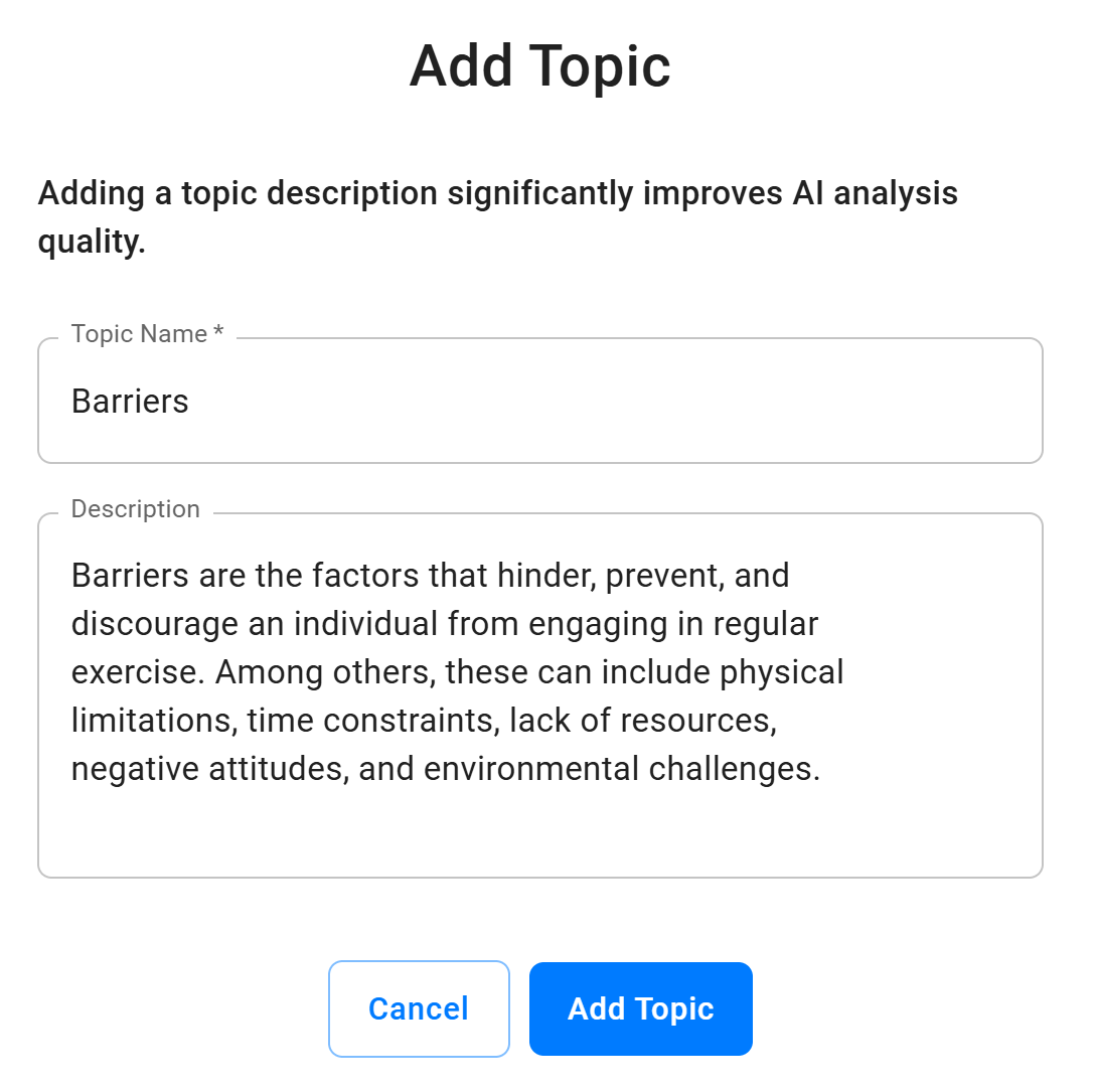 MAXQDA Tailwind: Add topics manually This screenshot shows the manual topic creation window with the topic name and topic description fields
