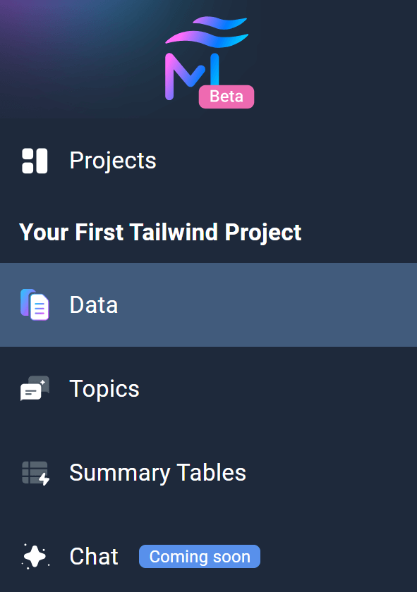 MAXQDA Tailwind: Navigation menu options Screnshot of MAXQDA Tailwind's Navigation menu options