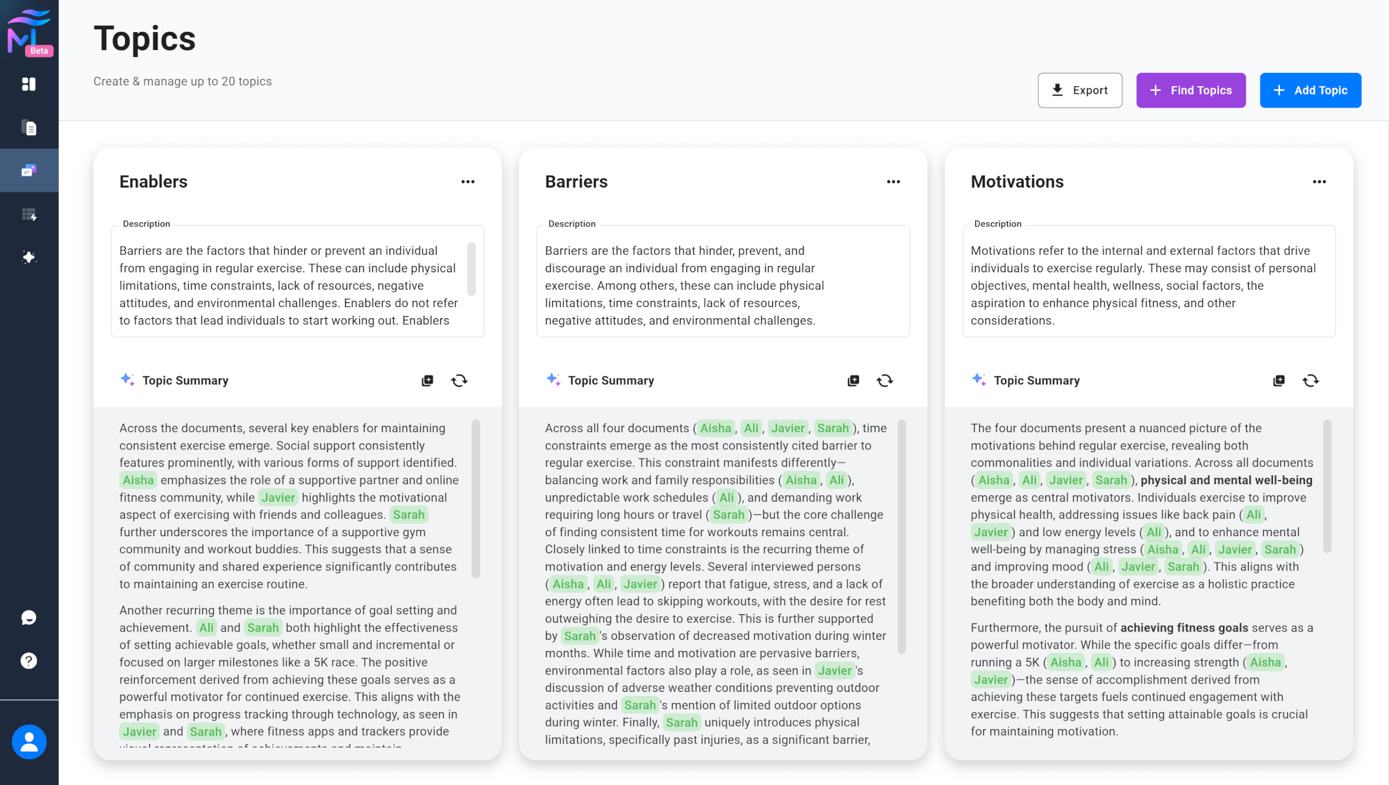 Topic Tiles on the Topics Dashboard Screenshot of the Topics Dashboard showing multiple topic tiles, each with a name, description, AI summary, and action icons
