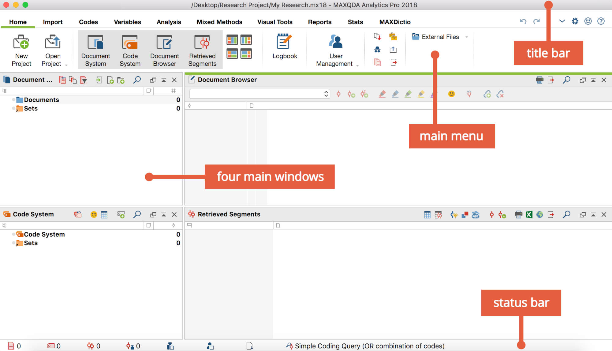 The four main MAXQDA windows The four main MAXQDA windows