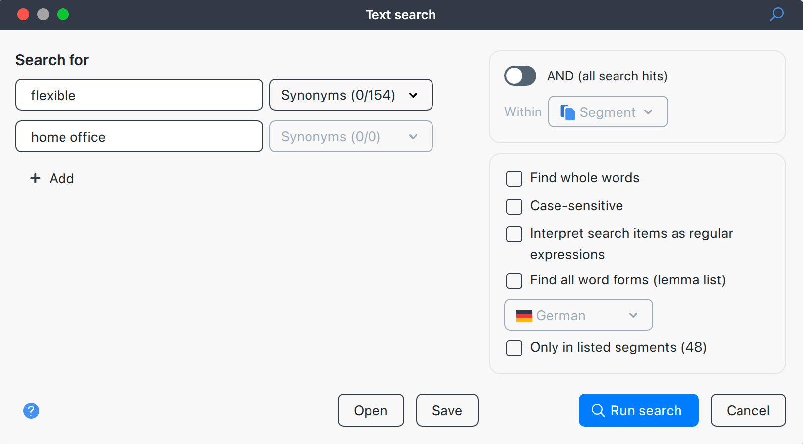 The Text search options window