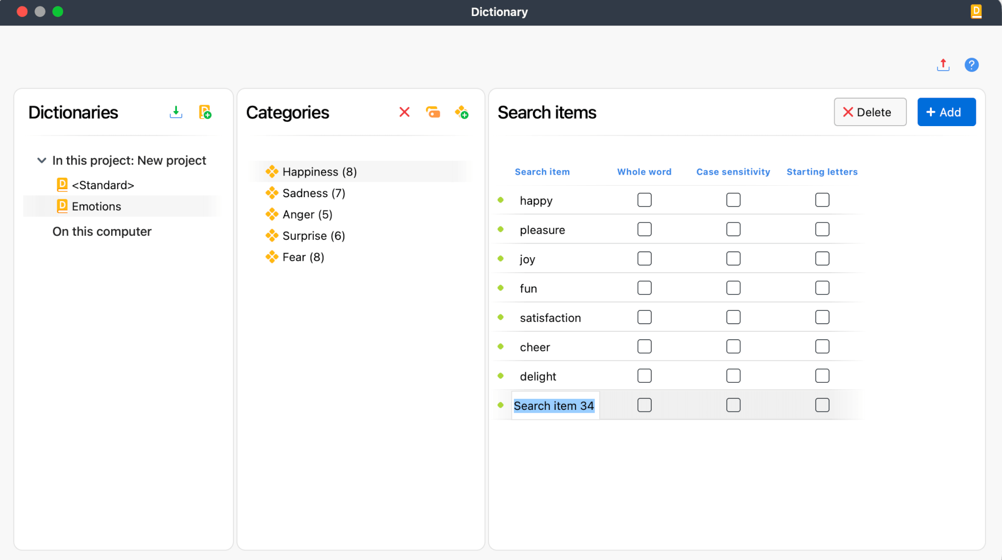 Screenshot of the Dictionary Manager with an example dictionary and category.