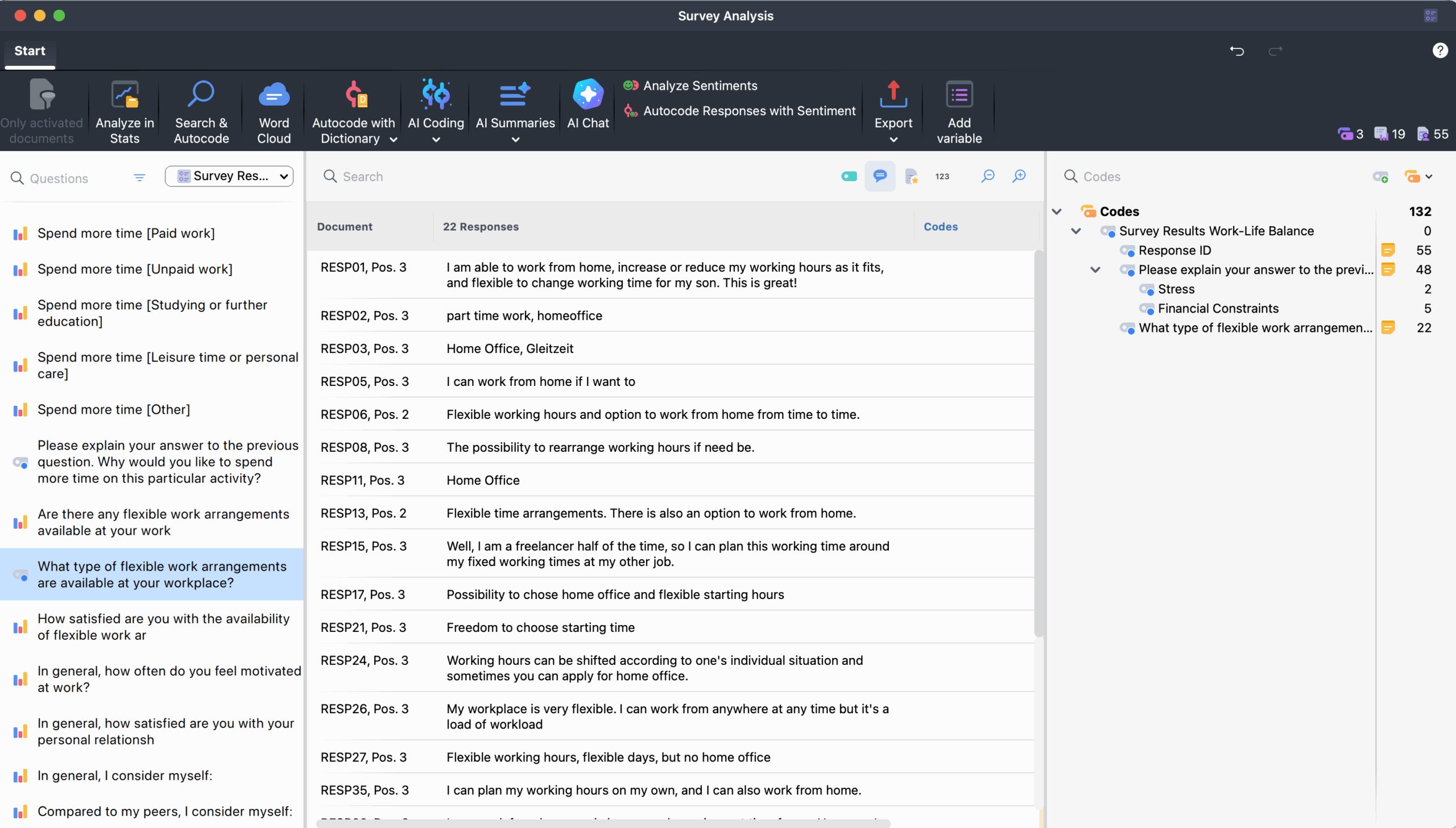 The qualitative analysis interface with response table and code system