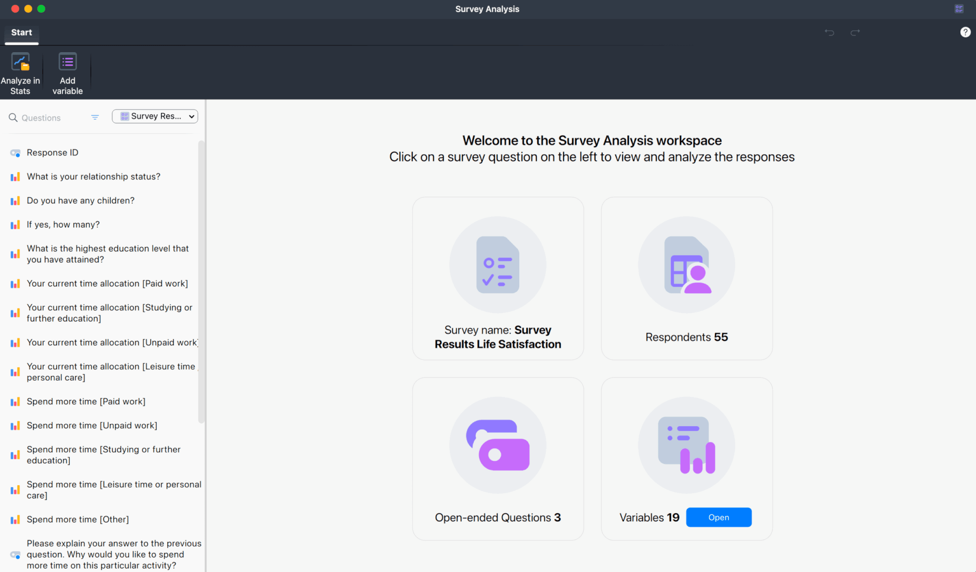 Screenshot showing the Survey Analysis welcome dashboard