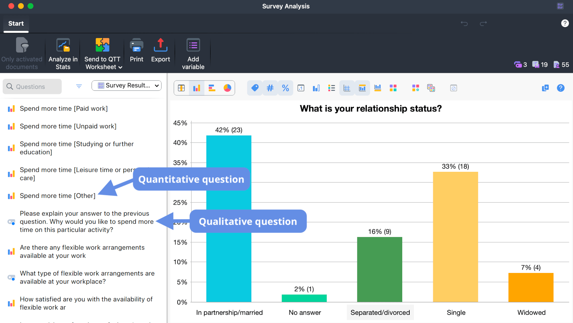Screenshot showing the Question Browser panel on the left side of the workspace displaying both quantitative and qualitative questions