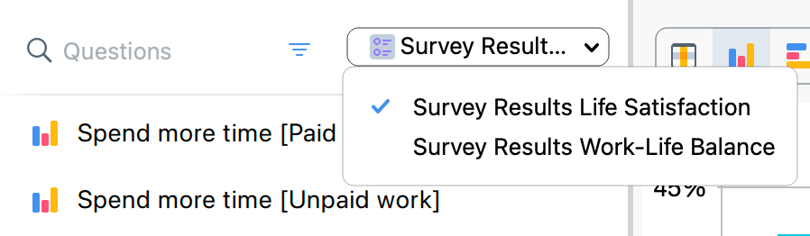 Screenshot showing the Question Browser panel survey navigation dropdown