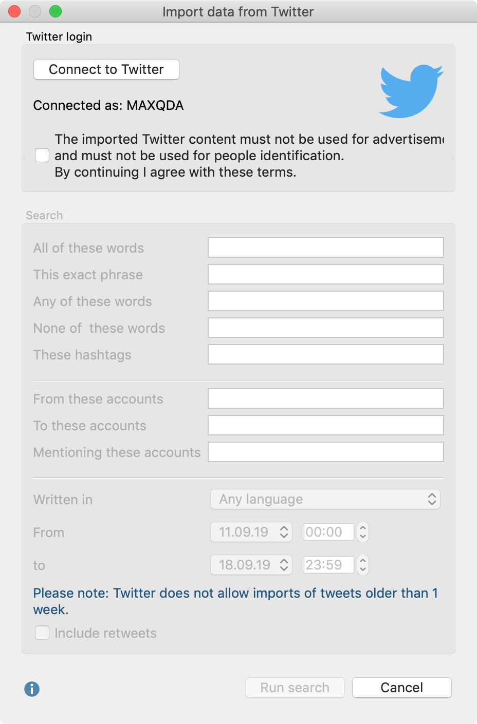 Dialog window for importing data from Twitter Dialog window for importing data from Twitter