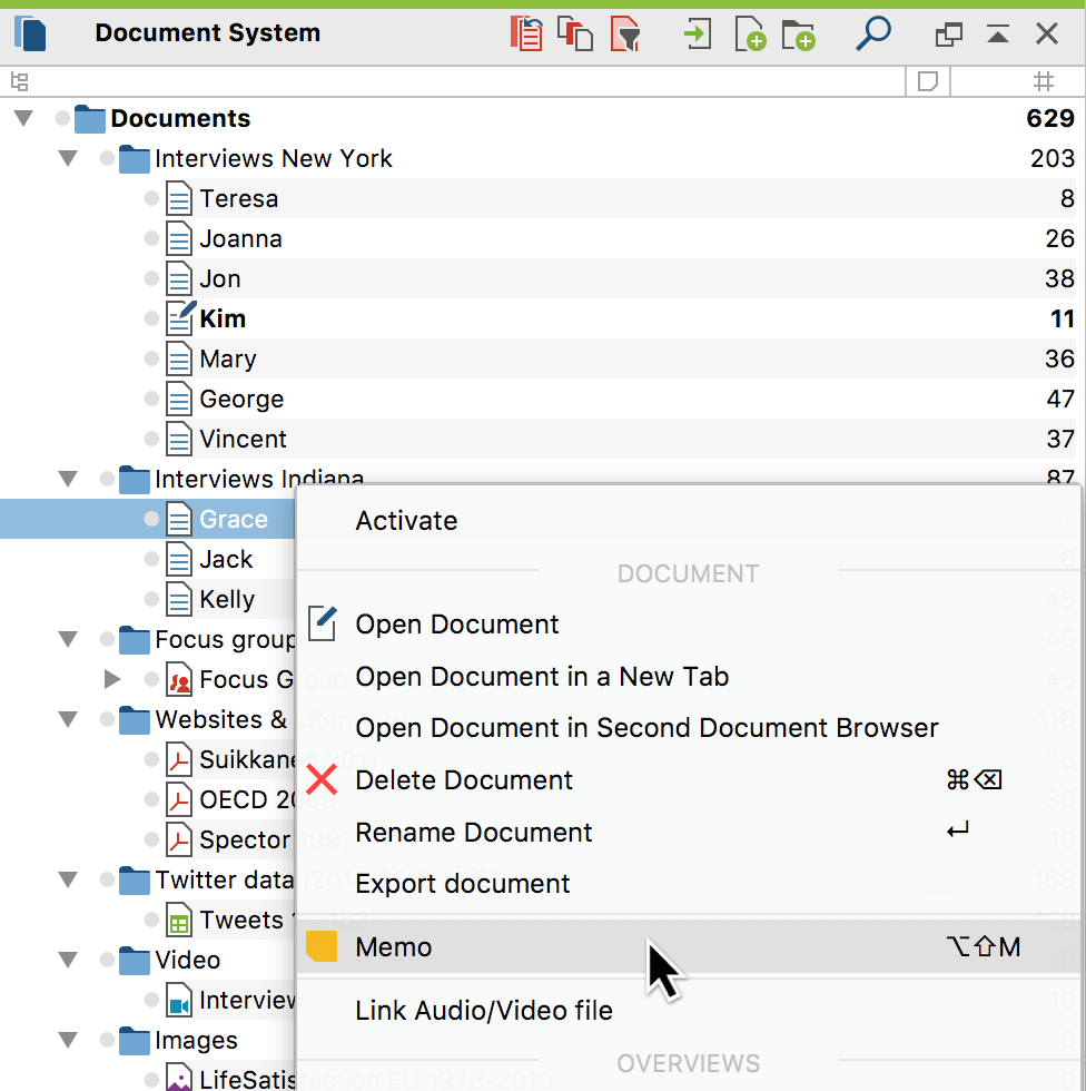 Creating a memo for a document from the context menu Creating a memo for a document from the context menu
