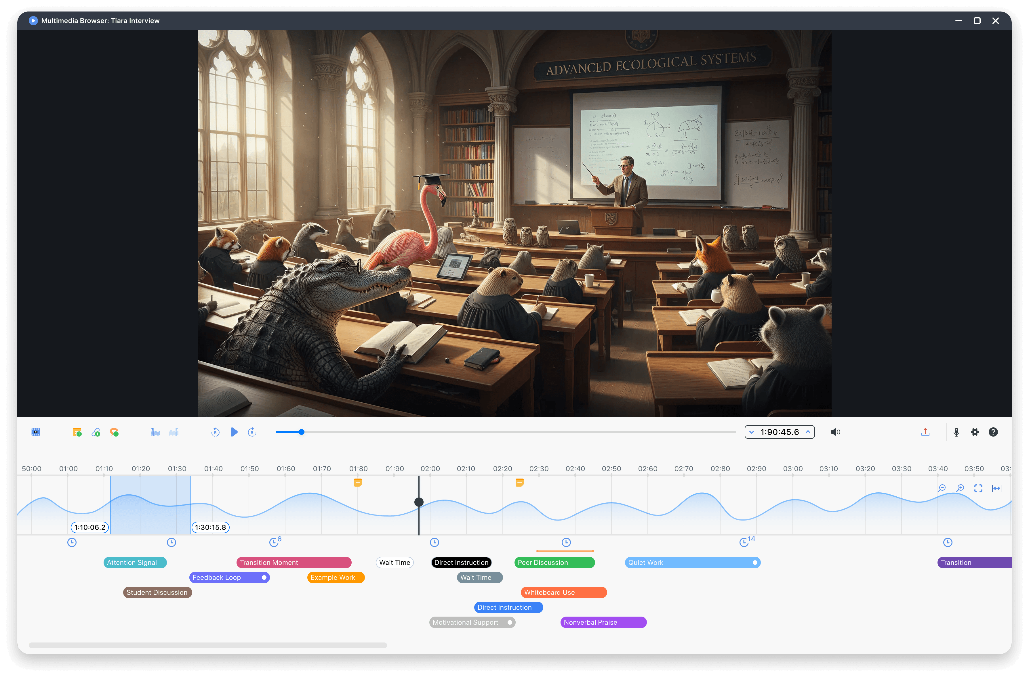 Screenshot of the MAXQDA Media Player, displaying a classroom video recording, and coded segments
