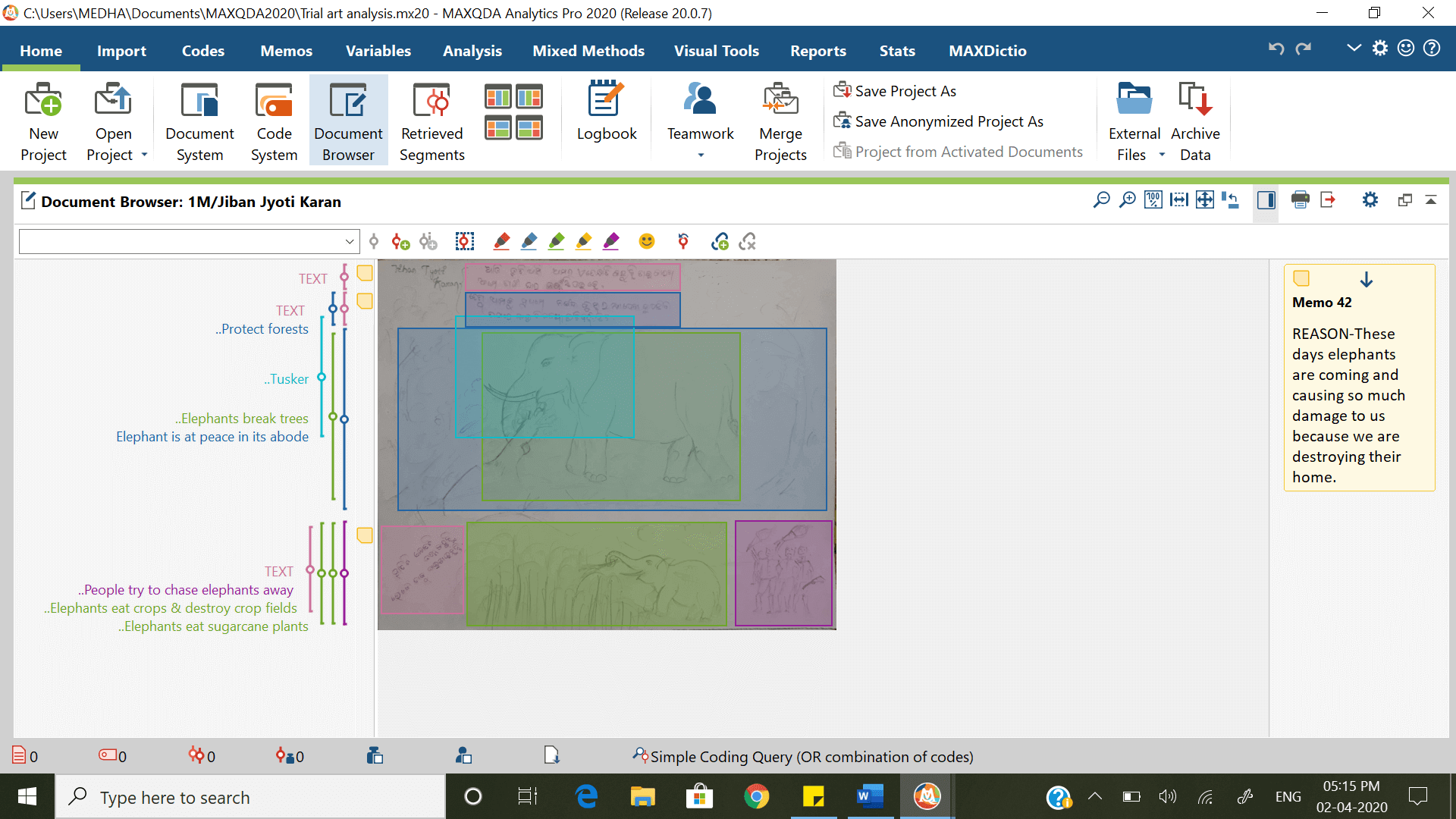 Figure 2: Screenshot from MAXQDA2020 showing the drawing from Figure 1 with coded segments. The codes appear to the left of the drawing and the memo is on the right.