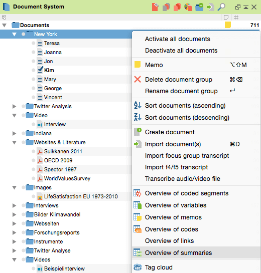 Overview of summaries