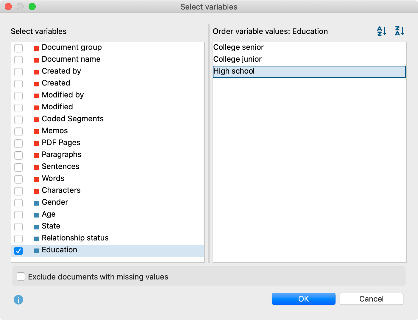 Select variables (left) and sort variable values (right)