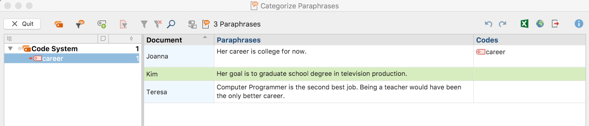 Interactive table window for categorizing paraphrases Interactive table window for categorizing paraphrases