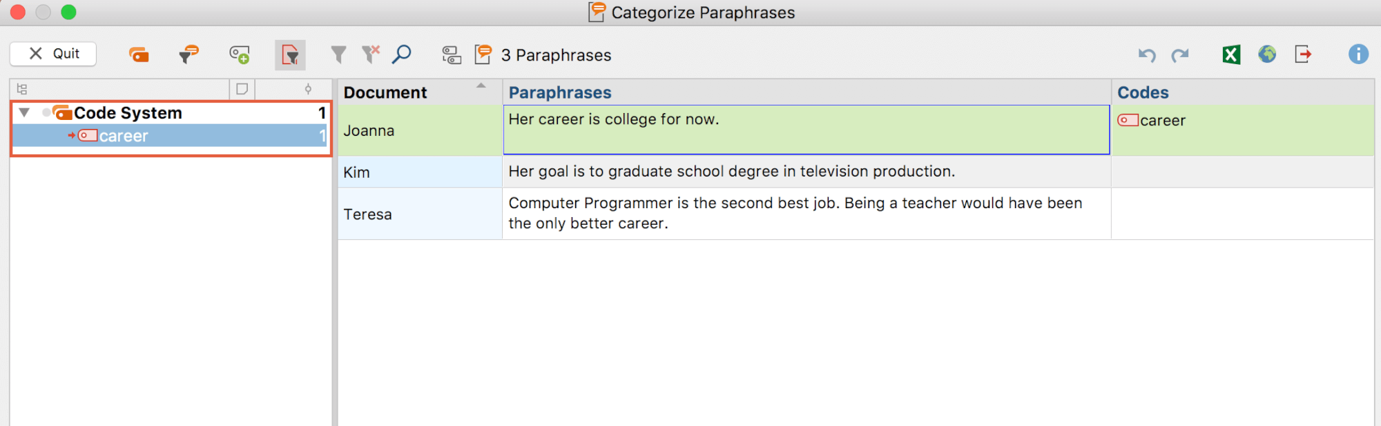 Applies category in the “Codes” column Applies category in the “Codes” column